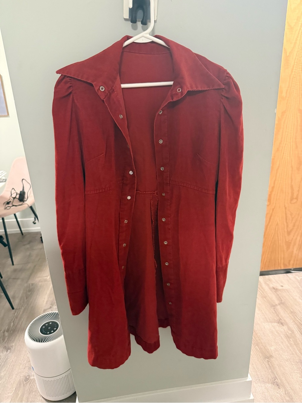 Women's vintage Red Corduroy Button-Front Shirt Dress